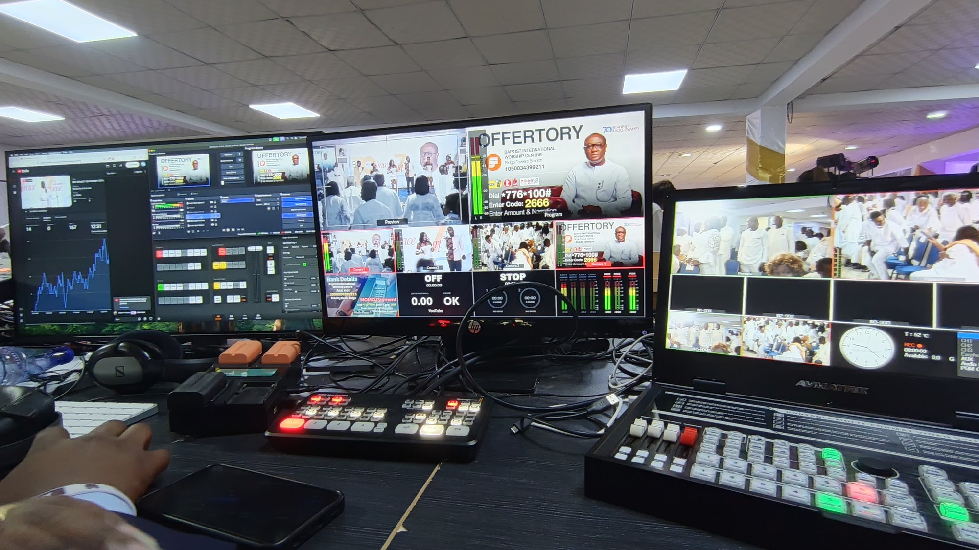 Live broadcast control room with production monitors